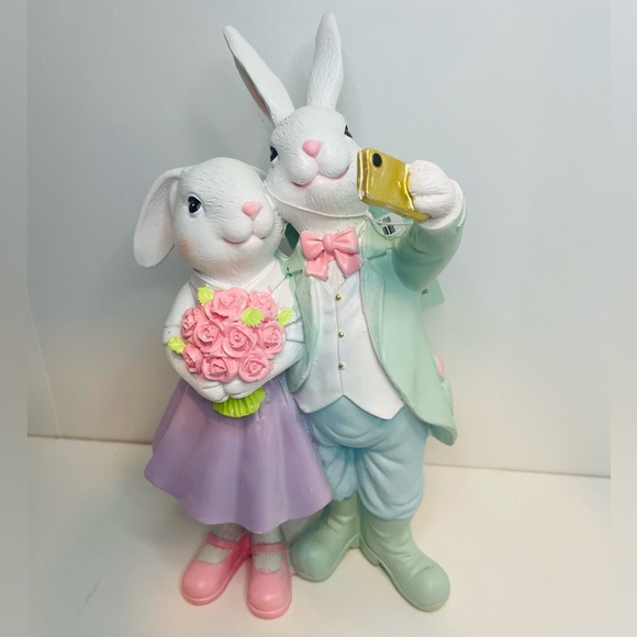 Easter Bunny Couple, Rabbit Figurine with Pink and Green Accents, Bunny Statue - Picture 6 of 6